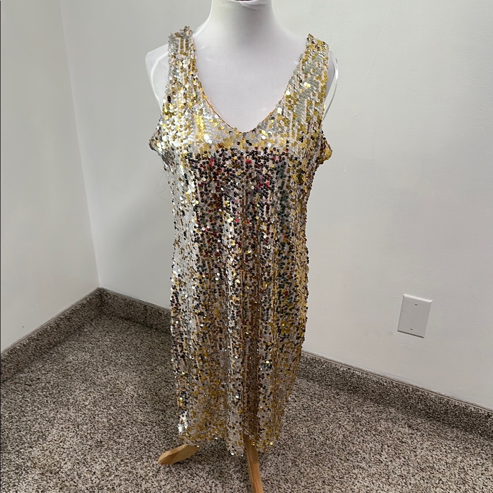 Olivia Matthews Gold Sequin Midi Dress Size 12
